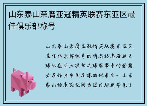 山东泰山荣膺亚冠精英联赛东亚区最佳俱乐部称号